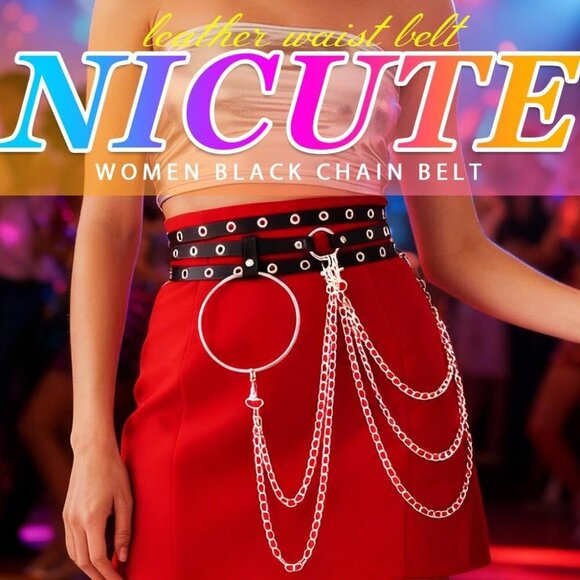 Black Leather Waist Chain Punk Rave Accessories Adjustable for Women - Picture 3 of 7